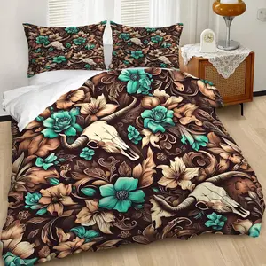 Turquoise Blue Floral Bull Skull Pattern Duvet Cover Set, Bohemian Style Bedding Set, Boho Bed Set, Soft Material for Cozy Sleep, 2/3Pcs Includes 1 or 2 Pillowcases, Pillow Inserts Not Included