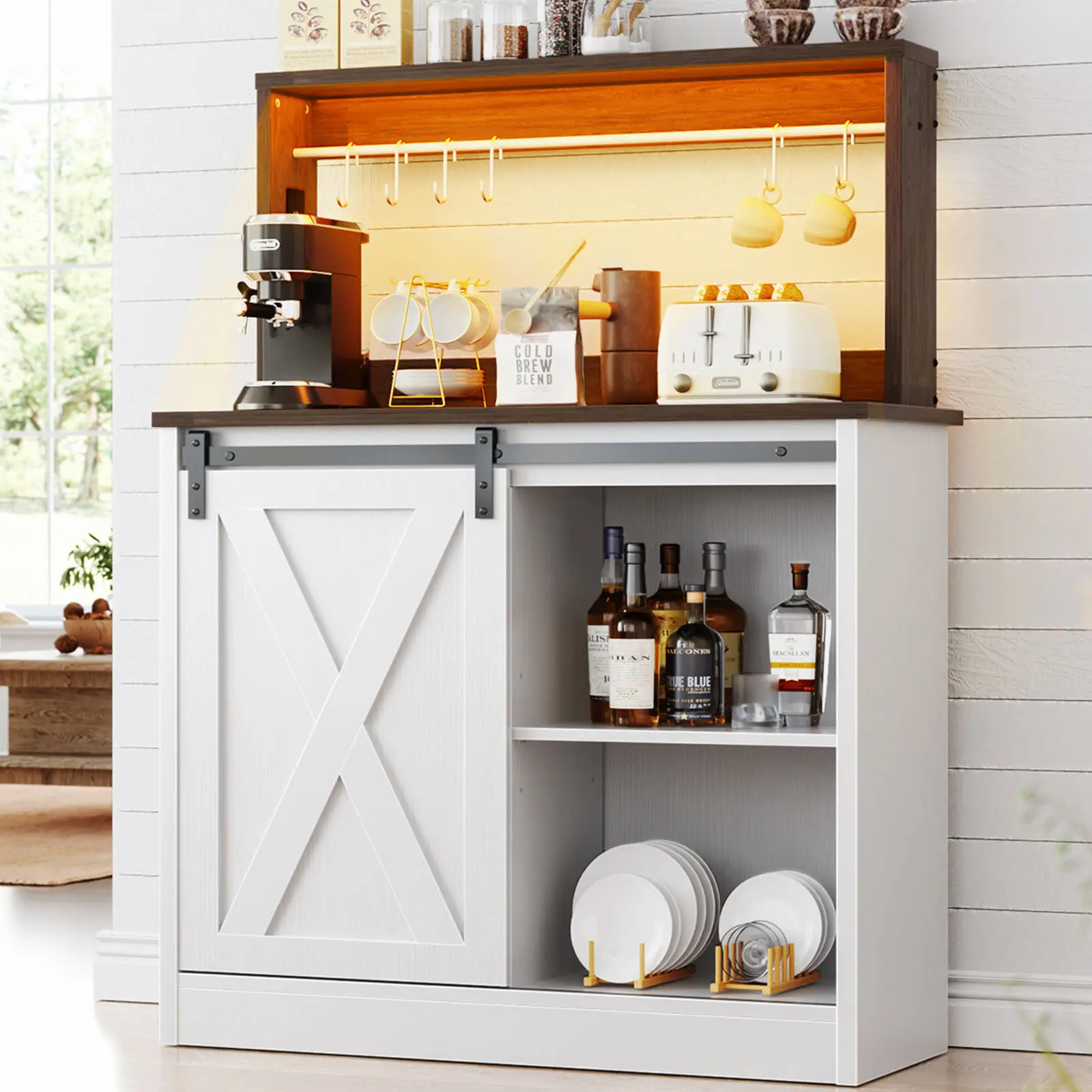 Homieasy Farmhouse Coffee Bar Cabinet with Charging Station & Led Lights, Charming Buffet Cabinet with Hutch, Customizable Storage with Barn Door Style, Perfect for Kitchen, Living Room