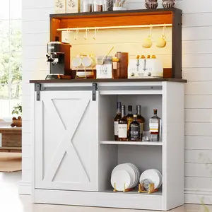 Homieasy Farmhouse Coffee Bar Cabinet with Charging Station & Led Lights, Charming Buffet Cabinet with Hutch, Customizable Storage with Barn Door Style, Perfect for Kitchen, Living Room