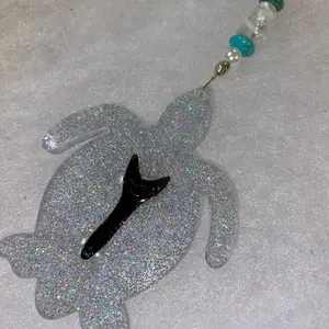 Large Glittery Silver Beaded Sea Turtle Keychain with Sparkling Design and Unique Bead Accents