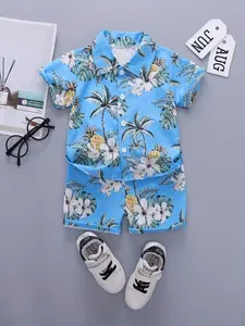 Boy Beach Shirt Set, Blue Sky Coconut Tree Pineapple Tropical Style, Short Sleeve Cartoon Pattern, Casual Slim-Fit Suit