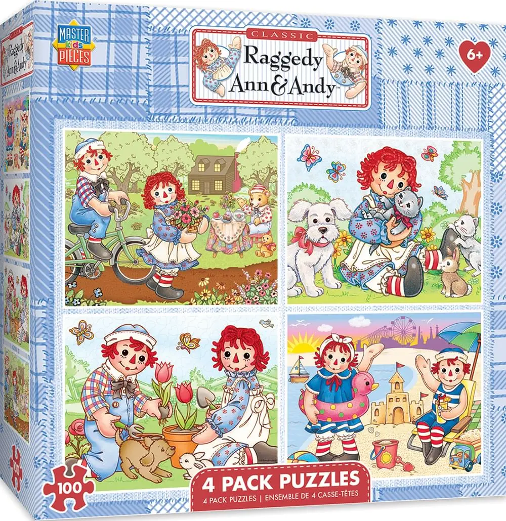 Raggedy Ann 4-Pack 100-Piece Jigsaw Puzzles, Family Activities Gift for Group Learning Fun & Engaging Playtime Activity, Kids Puzzles