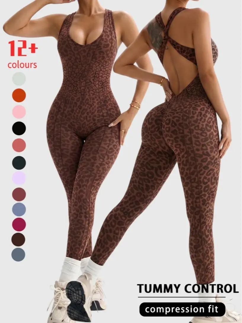 Women's Sports Jumpsuit, Sleeveless Leopard Print Yoga Bodysuit with Crisscross Back, Tummy Control Stretch Fabric & Built-in Bra, Sleeveless Yoga Jumpsuits, Sports Casual Jumpsuit