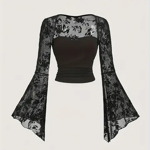 Elegant Lace Bell Sleeve Bowknot Fitted Top, Polyester Blend, Tie Neck, Long Sleeve, Solid Color, Knit Fabric, Women's Fashion