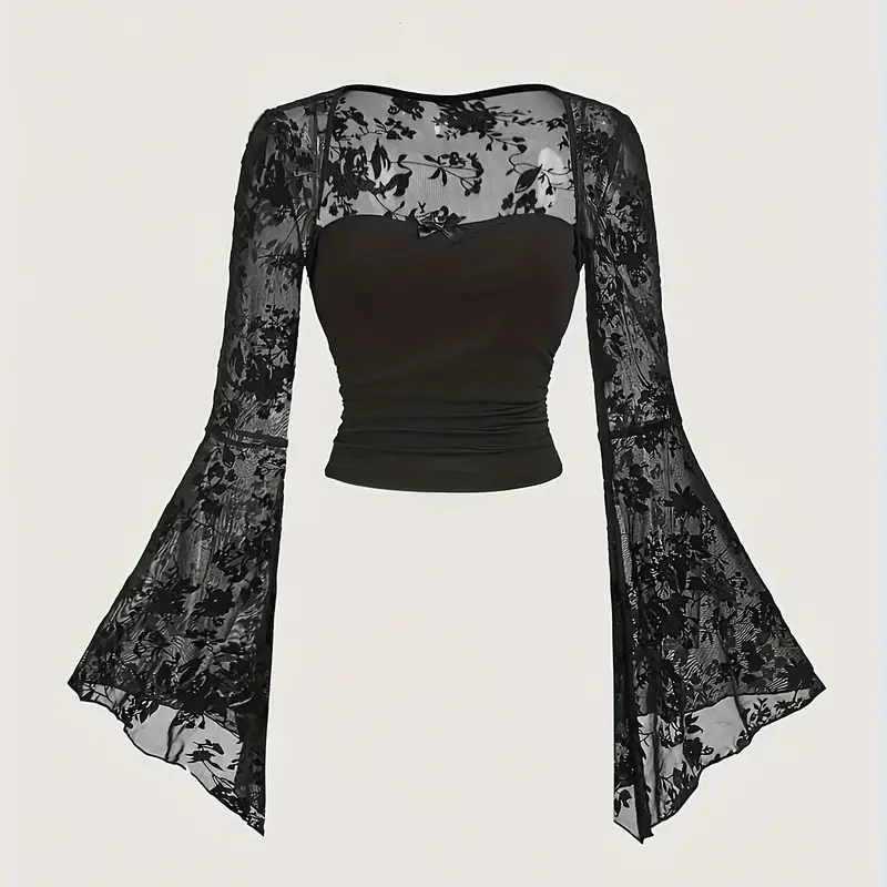 Elegant Lace Bell Sleeve Bowknot Fitted Top, Polyester Blend, Tie Neck, Long Sleeve, Solid Color, Knit Fabric, Women's Fashion