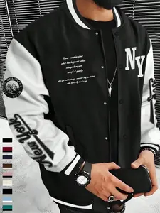 Casual Colorblock Patchwork Baseball Jacket, Unique Print Design, Front Button Closure, Long Sleeve Coat with Pockets, All-Season Wear