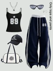 Women's 89 Graphic Geometric Two-Piece Set, Black Camisole Suspenders and Blue Wide-Leg Sweatpants with Star Motif for Casual Streetwear, Sporty Chic and Daily Outfit