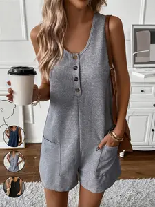 Women's Casual Solid Color Waffle Texture Button Front Loose Fit Jumpsuit with Pockets, Sleeveless Romper Jumpsuit For Summer，Comfortable and Stylish One-Piece for Daily Wear
