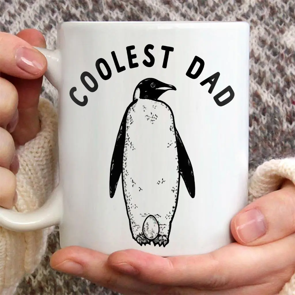 Penguin Coolest Dad Mug, Funny Fathers Day Gift, Sarcastic Chilly Penguin Graphic Novelty Cup, 11oz 15oz Funny Coffee Mugs Ceramic, Made in USA