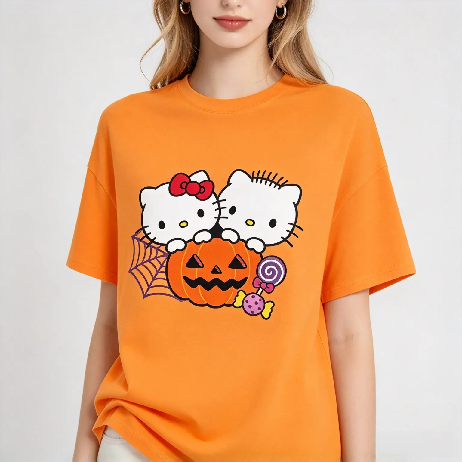 Hello Kitty Twin Characters Halloween Orange Short Sleeve T-Shirt, Pumpkin Spider Web Candy Graphic Tee, Cute Sanrio Halloween Party Top for Men Women
