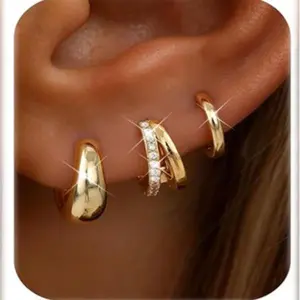 MILACOLATO 3 Pairs Silver Earrings for Women Trendy 14K Plated Gold /Sterling Silver Plated Earring Set for Multiple Small Huggie Hoop Earrings Stack Chunky Gold Hoops Hypoallergenic Lightweight Thick Jewelry