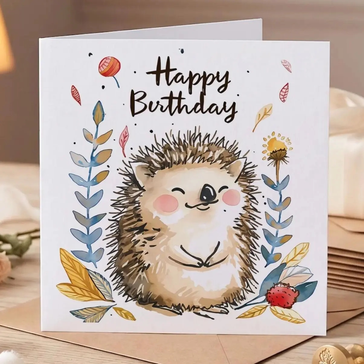 Personalized Whimsical Hedgehog Birthday Card,Cute Woodland Animal Greeting Card , Illustrated Forest Celebration Card Blank Inside