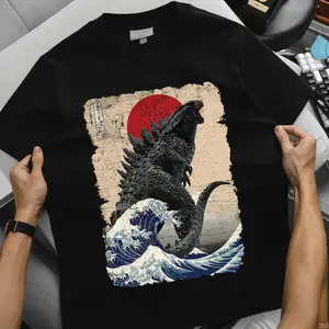 Vintage Godzilla Great Wave Japanese Art Graphic T Shirt Mens Crew Neck Short Sleeve Soft Cotton Casual Top Classic Monster Movie Inspired Apparel Adult Daily Streetwear Outdoor Travel Holiday Birthday Gift For Retro Kaiju Enthusiasts