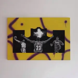 Lebron James King Painting Hand Painted 24" x 36" Artwork Featuring Iconic Basketball Players in Yellow Background