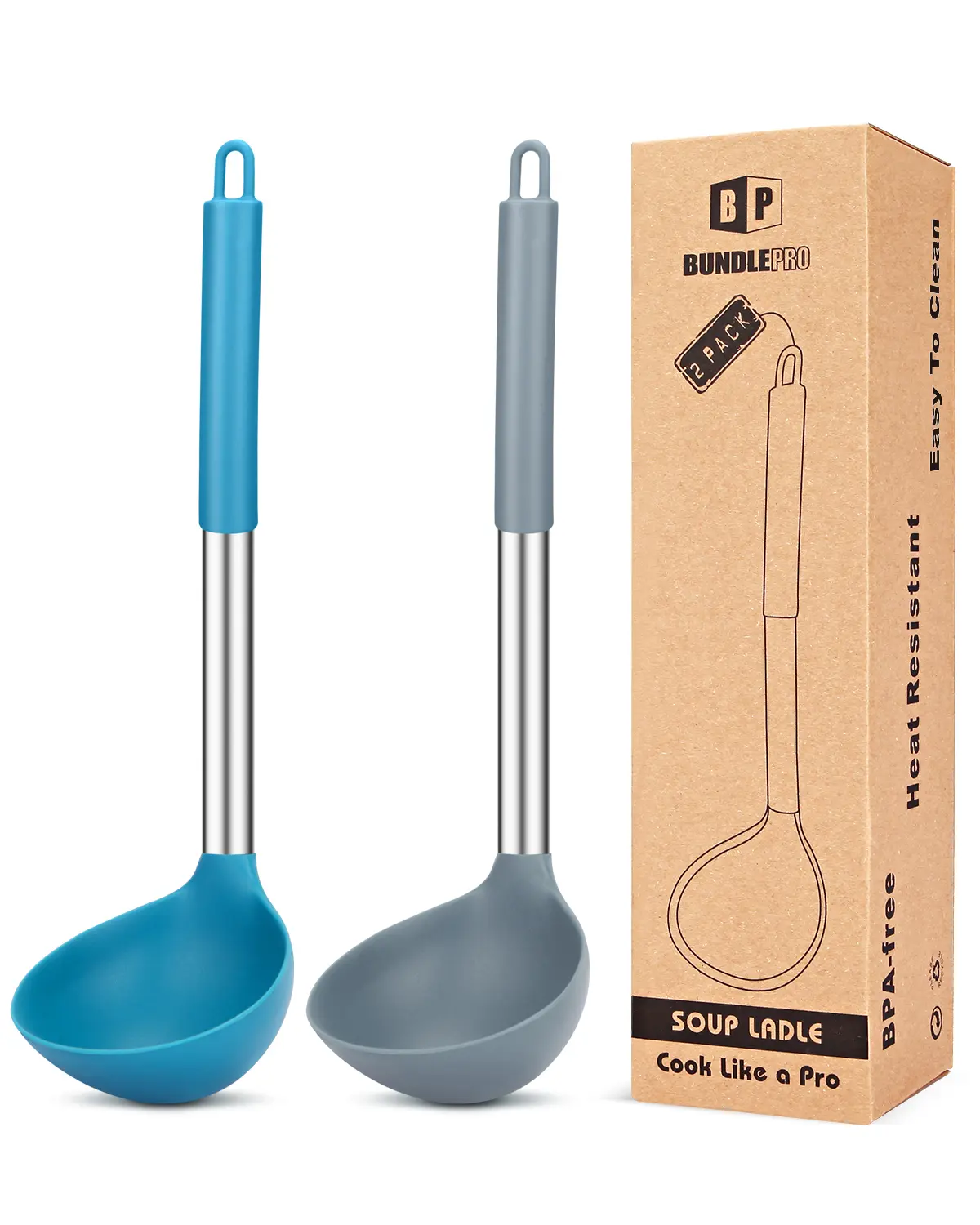 Pack of 2 Ladle Spoon,Silicone Large Spoon for Soup, Grey-Blue,Stainless,Hanging Non Stick Kitchen Utensils,For Cooking,Stirring,Serving Soups