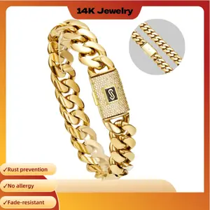 14K gold-plated Cuban Miami style braceletelectroplated with waterproof and rust-prooftechnology. The best gift for your family,suitable for leisure,business,entertainmentand other occasions.14mm,7.5/8.5inchavailable.The Best Christmas Gift