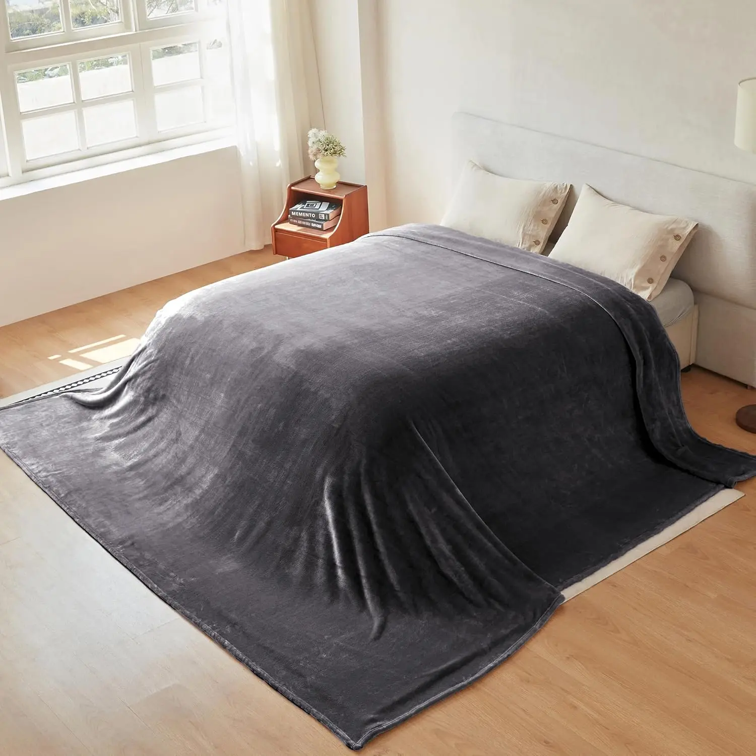Dark Grey Durable Black Oversized Flannel Throw - 120x120 in (10'x10') - for Sofa, Couch, Camping - California King Extra Large Blanket