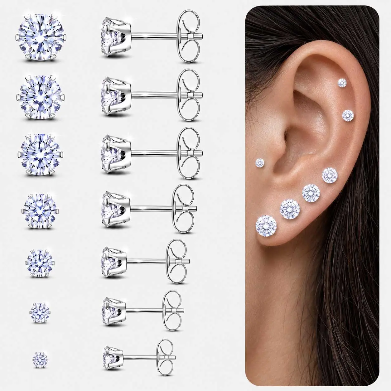 Silver Gold Black Stud Earrings Set 7Pairs Hypoallergenic Cubic Zirconia Titanium Stainless Steel Silver Rose Gold Black CZ Cartilage Stud Earrings Jewelry Sets for Women Men, 2-8mm CZ Stud Earrings, Ear Stack Earrings, Multiple Piercing Earrings