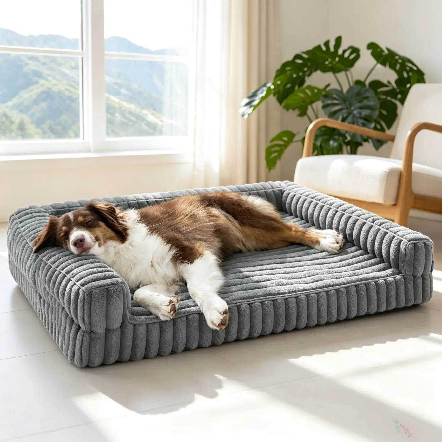 HOVICAED Striped plush dog bed with supportive egg-cellent foam cushion, memory foam pet bed for joint and spine protection