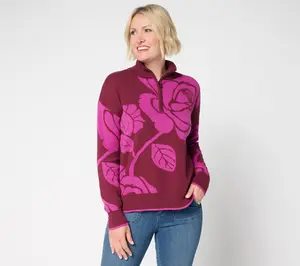 Belle by Kim Gravel Falling for Fall Floral Intarsia Half Zip Sweater