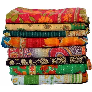 2 Pieces Set Indian Vintage Bedspreads,Throws Wholesale Lot Kantha Reversible Bedding Bedcover Bedspread Throw Cotton Blanket Gudari,Multicolor,Twin
