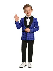 Boys Jacquard Satin 3-Piece Tuxedo Set (Jacket + Pants + Bow tie) - Royal Blue/Black/Burgundy, Elastic Waistband, Perfect for Weddings, Birthdays, School Events, Photoshoots, No Shirt Included--XT82103+8818