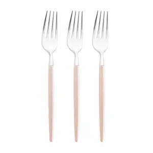 Silver with Pink Handle Moderno Disposable Plastic Dinner Forks