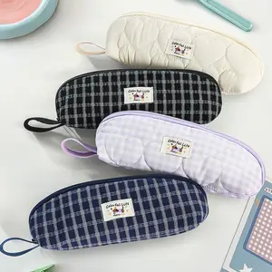 4 simple handheld checkered pencil cases, dog stripe design, vintage style, fabric material, dirt resistant large capacity, DIY portable travel daily essential storage bags