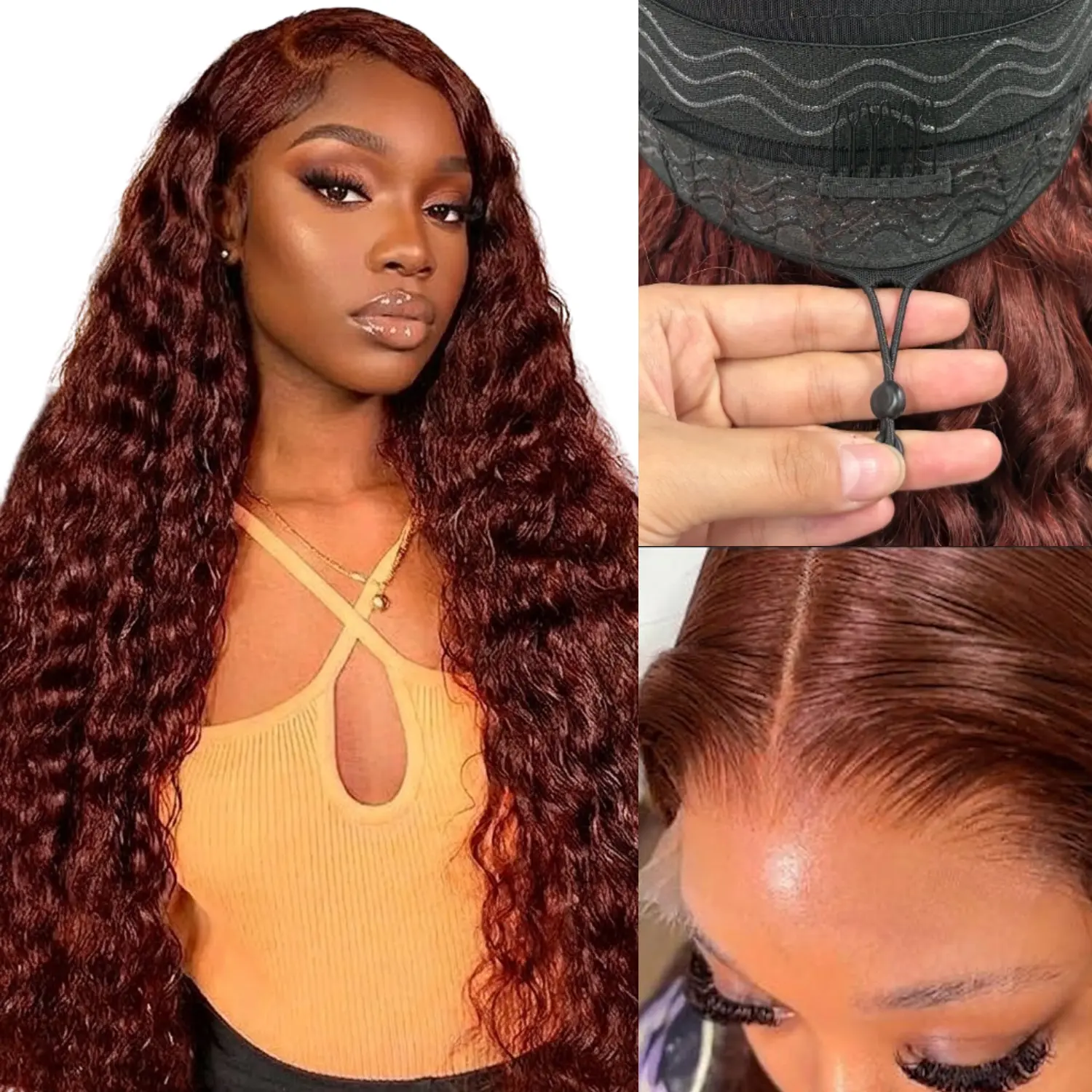Reddish Brown Deep Wave Wig 5x5 Glueless Wigs Human Hair 24Inch Drawstring Wig Pre Plucked Hairline, 200% Density, HD Lace Closure Wigs for Black Women, Wear and Go Glueless Wigs Human Hair