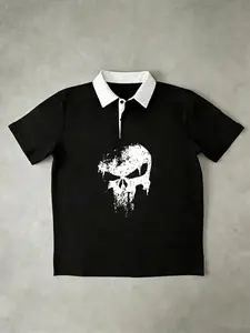 Men's Skull Print Polo Tee | Distressed Punisher Design | Relaxed Loose Fit | Breathable Lightweight Material | Ideal for Street Style & Daily Wear | Must-Have Edgy Wardrobe Piece