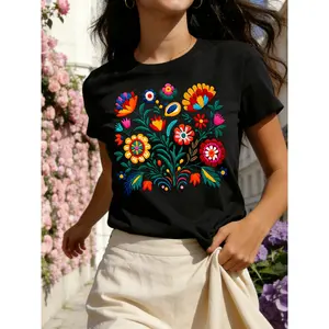 Mexican Color Floral Fiesta Letter Print T-shirt, Casual Short Sleeve Crew Neck Top Women's Clothing Slim Shape Men's Moisture Wicking compression Hip Hop Dark Humor gaiter Unisex Y2K Flag Hoodie Vintage Graphic Manga