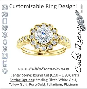 Cubic Zirconia Engagement Ring- The Journie (Customizable Round Cut Design with Round-Bezel Cluster Halo and Round Bezel Band Accents)