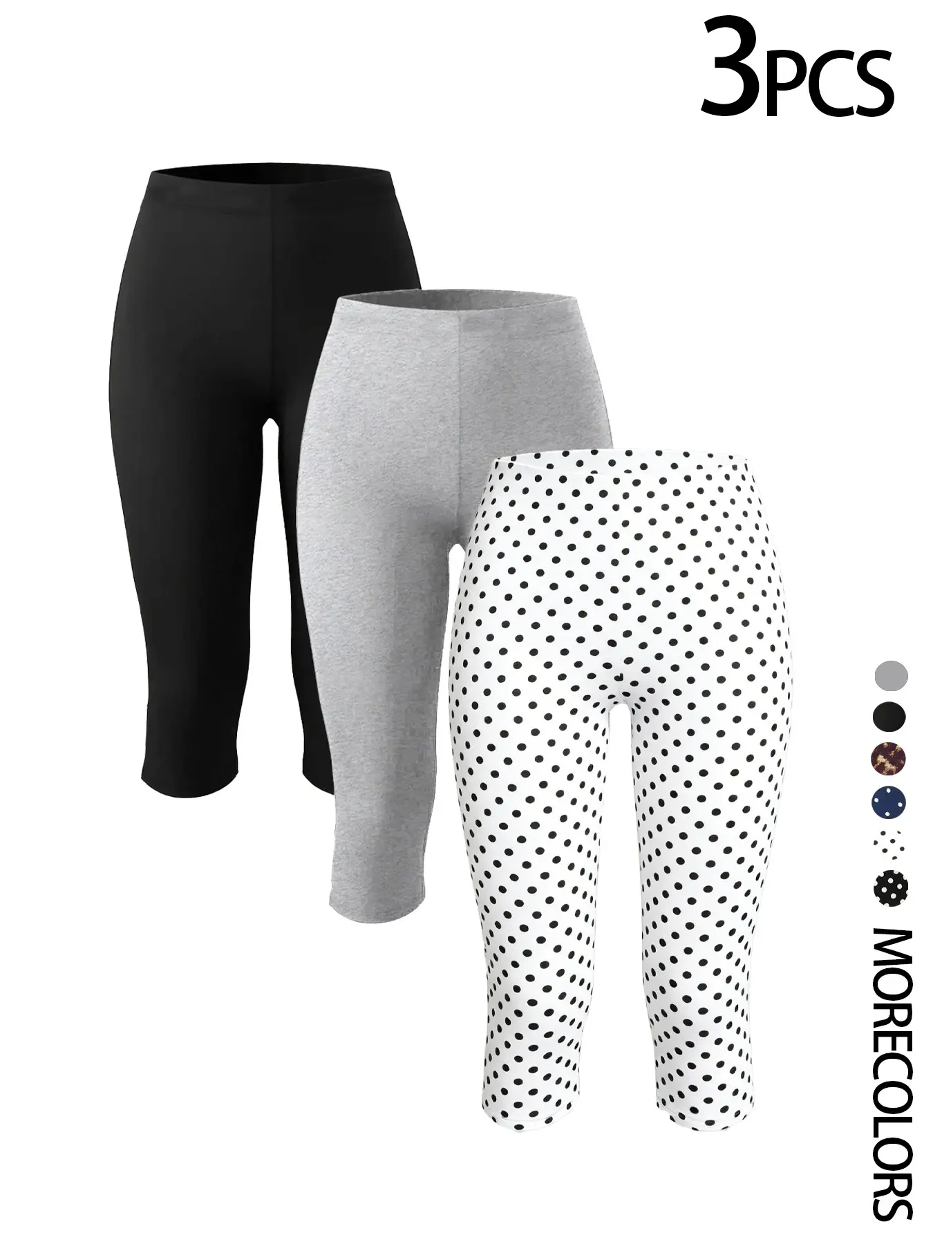 3-Pack High Waist Knee-Length Leggings, Polka Dot & Solid, Bbuttery Soft Stretchy Workout Capris, Plus Size, Breathable