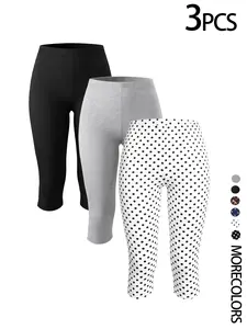 ! 2-Pack High Waist Knee-Length Leggings, Polka Dot & Solid, Buttery Soft Stretchy Workout Capris, Plus Size, All Seasons