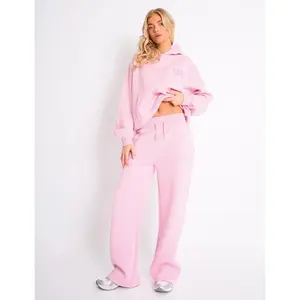 Kaiia Bow Ribbed Waistband Wide Leg Joggers Baby Pink