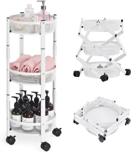 3-Tier Metal Storage Rolling Cart, Collapsible Utility Cart, No Assemble, Multifunction Serving Organizer Trolley with Lockable Wheels for Kitchen, Living Room, Bathroom,White