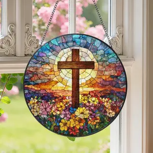 Personalized Stained Glass Cross with Wildflowers – Christian Window Hanging, Religious Gift, Christmas Decor