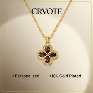 CRVOTE Lucky Clover Pendant Necklace for Women, Brown Crystal Inlay Lucky Four Leaf Clover Necklace, 18K Gold Plated, Elegant Everyday Jewelry Gift