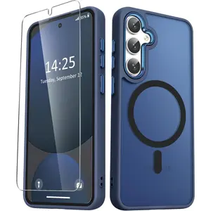 for Samsung Galaxy S25 Case, Matte Magnetic Phone Case with 1 Screen Protector, Support for Magsafe, Translucent Frosted Shockproof Protective Cover for Samsung Galaxy S25, Navy Blue