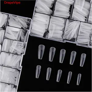 500PCS Long Teardrop Matte Nail Tips, Full Coverage Press-on Nails Semi-adhesive, Ultra-thin Easy Apply Transparent, Lightweight Reusable Gel Salon Look, for Everyday Wedding Party Professional Date Manicure Casual