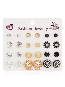 12 Pairs Fashion Ear Studs Set for Women Assorted Styles Pearl Rose Gold Butterfly Knot Alloy Zinc Alloy Stud Earrings with Card Packaging