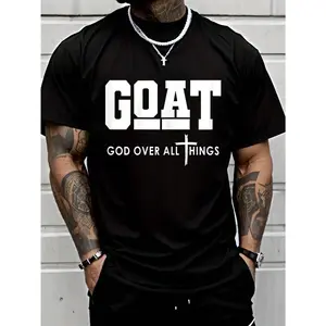 Men's Oversized "GOAT God Over All Things" Christian Graphic Tee, 100% Cotton Breathable Crew Neck Casual Streetwear Relaxed Short-Sleeve Tee