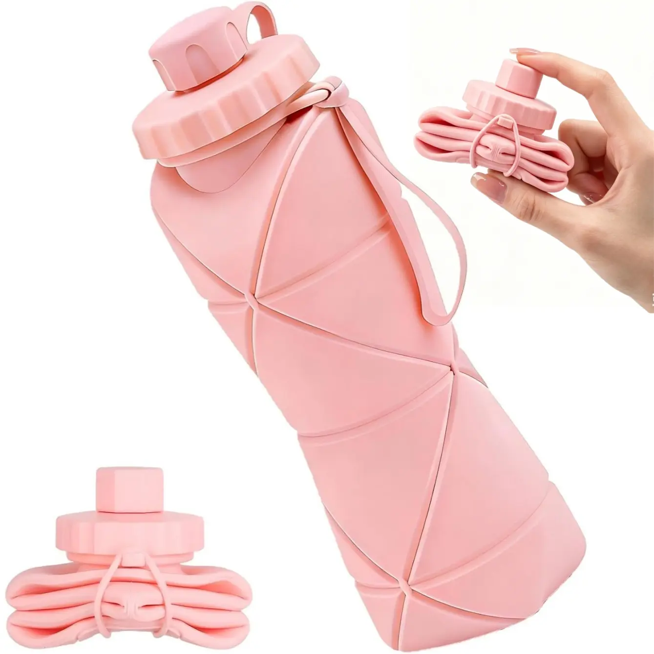 Collapsible Water Bottle for Travel & Gym - 20oz Foldable Silicone Sports Water Bottle, Leak-Proof & BPA-Free Portable Travel Essentials, Lightweight Reusable School Water Bottle with Lanyard, Pink
