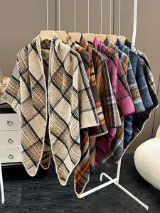 Women's Plaid Shawl Faux Wool Fluffy Soft Scarf, Warm Fashionable Wrap for Fall & Winter, Elegant Daily Wear Accessory