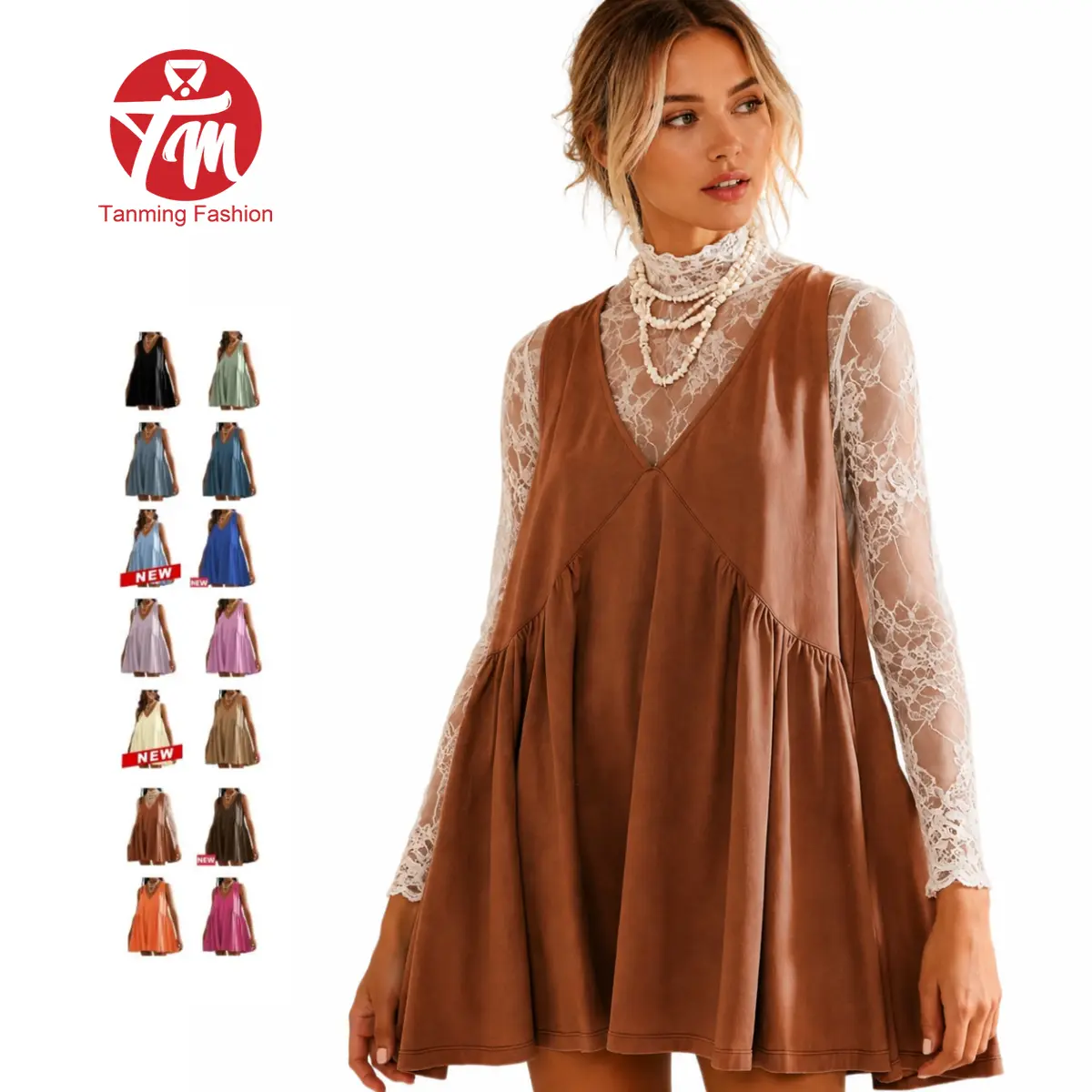 Tanming Women's V-Neck Sleeveless A-Line Mini Sundress - Casual Wear Basic Cute Trendy Clothes for Women, Flowy with 2 Side Pockets