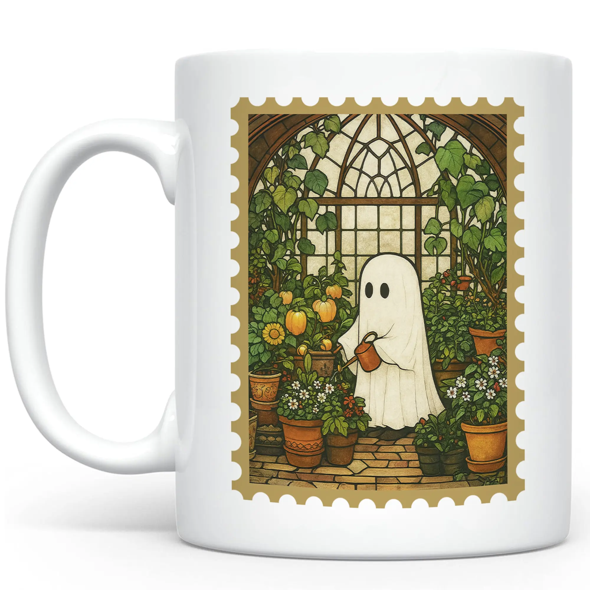 CupiCo Cute Ghost Greenhouse Ceramic Mug, Garden Lover Cute Ghost Coffee Mug, Ghost Watering Tea Cup, Funny Spooky Mugs, Gift For Her