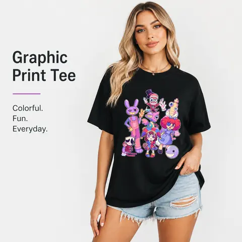 Men's Pure Cotton Minimalist Graphic T-Shirt - Short-Sleeve, Round Neck, Streetwear, Normal Type Casual Fashionable Top (The Amazing Digital Circus Digital Print, Unisex Fit, All-Season Wear)