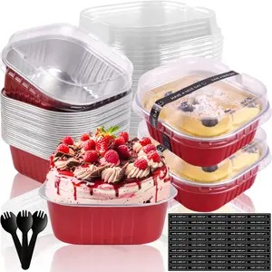 10oz Mini Cake Pans With Lids 50 Pack Aluminum Foil Square Baking Cups,4”x4” Disposable Loaf Pans With Lids and Spoons Stickers,Large Cupcake Pans Muffin Cake Tins Cake Container