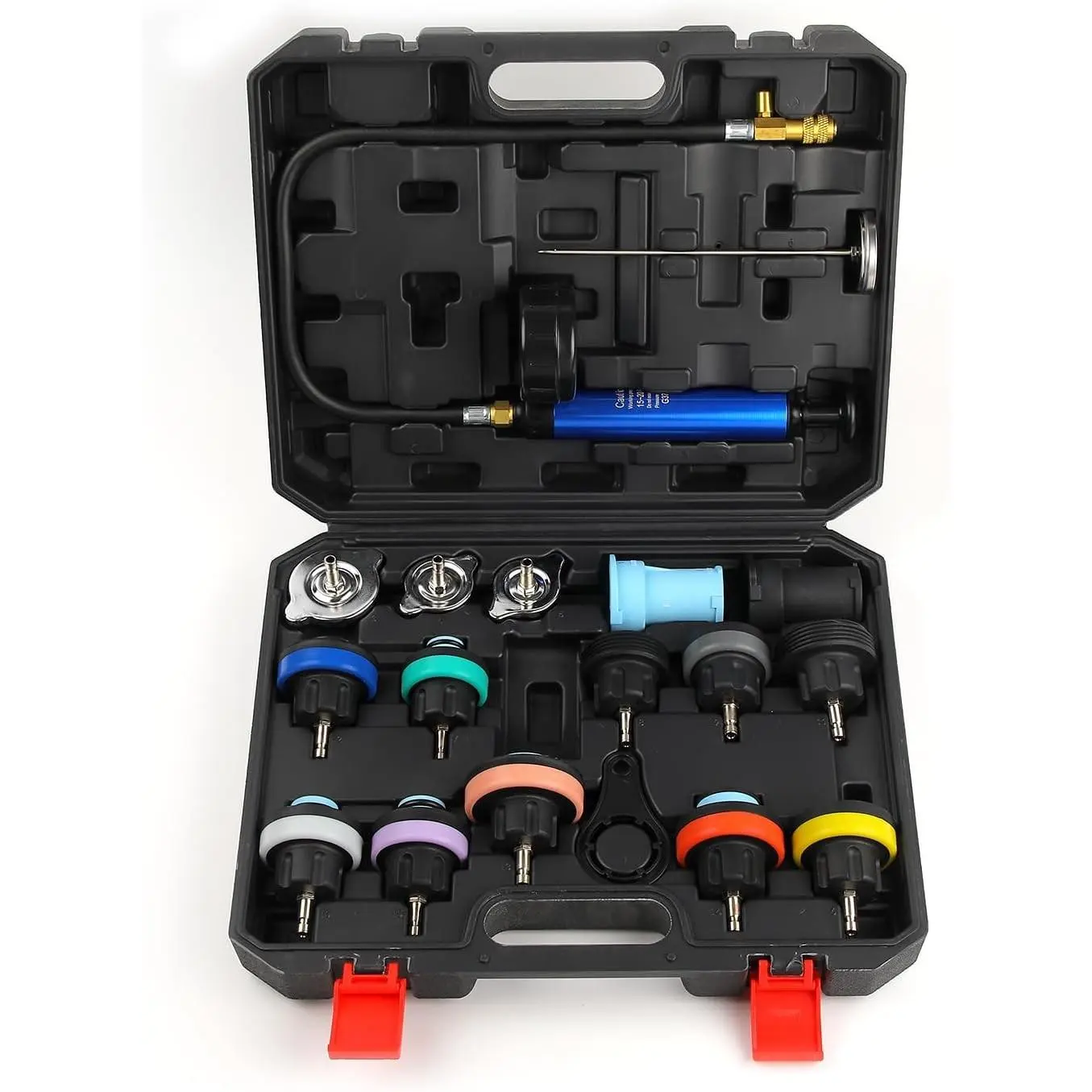 18pcs Universal Radiator Pressure Tester Kit, Coolant Vacuum Refill kit，Coolant Pressure Tester Kit with Manual Pump and Color-Coded Test Caps (Black)
