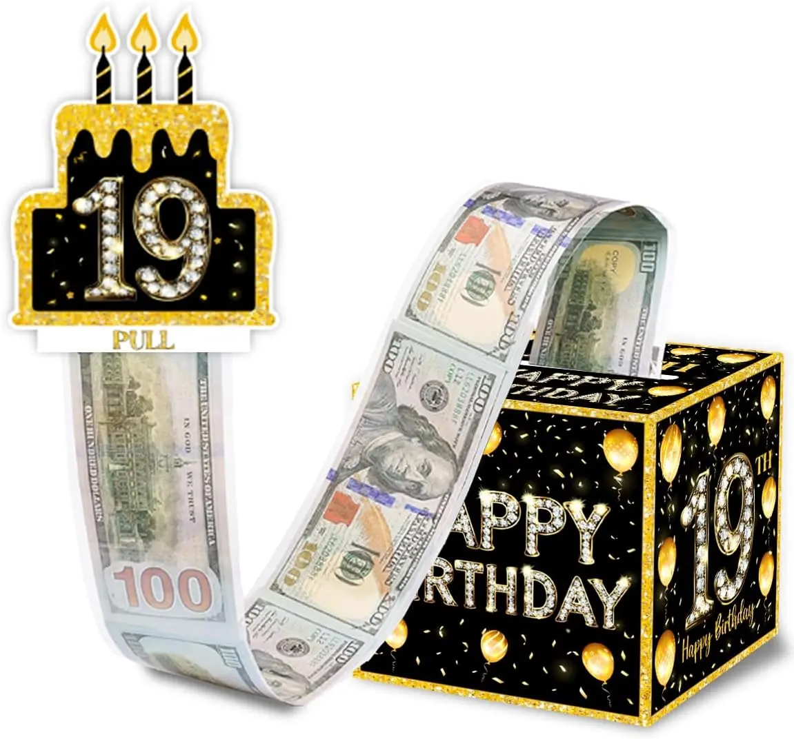 Colorful Plastic Pull-Out Cash Gift Box for 19th Birthday, Festive